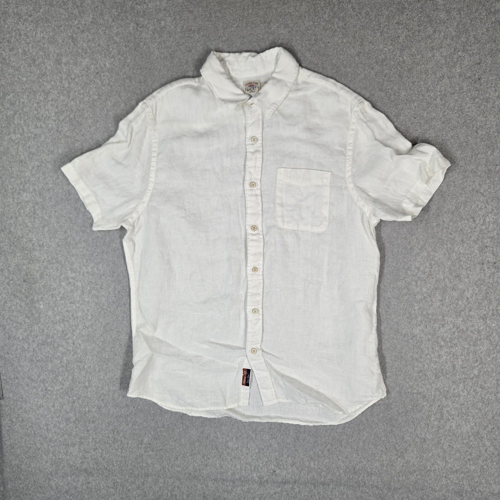 Faherty Men Button Up Shirt L White Palma Linen Short Sleeve